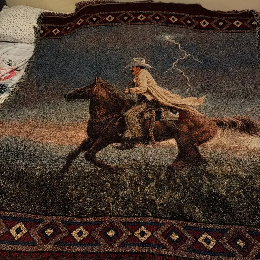 Vtg Mohawk Home Jack Terry Western Cowboy Woven Tapestry Throw Blanket 54x46 USA
